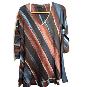 Nally & Millie Women 3/4 Sleeve Tunic Top Size M Striped Pullover V Neck Stretch